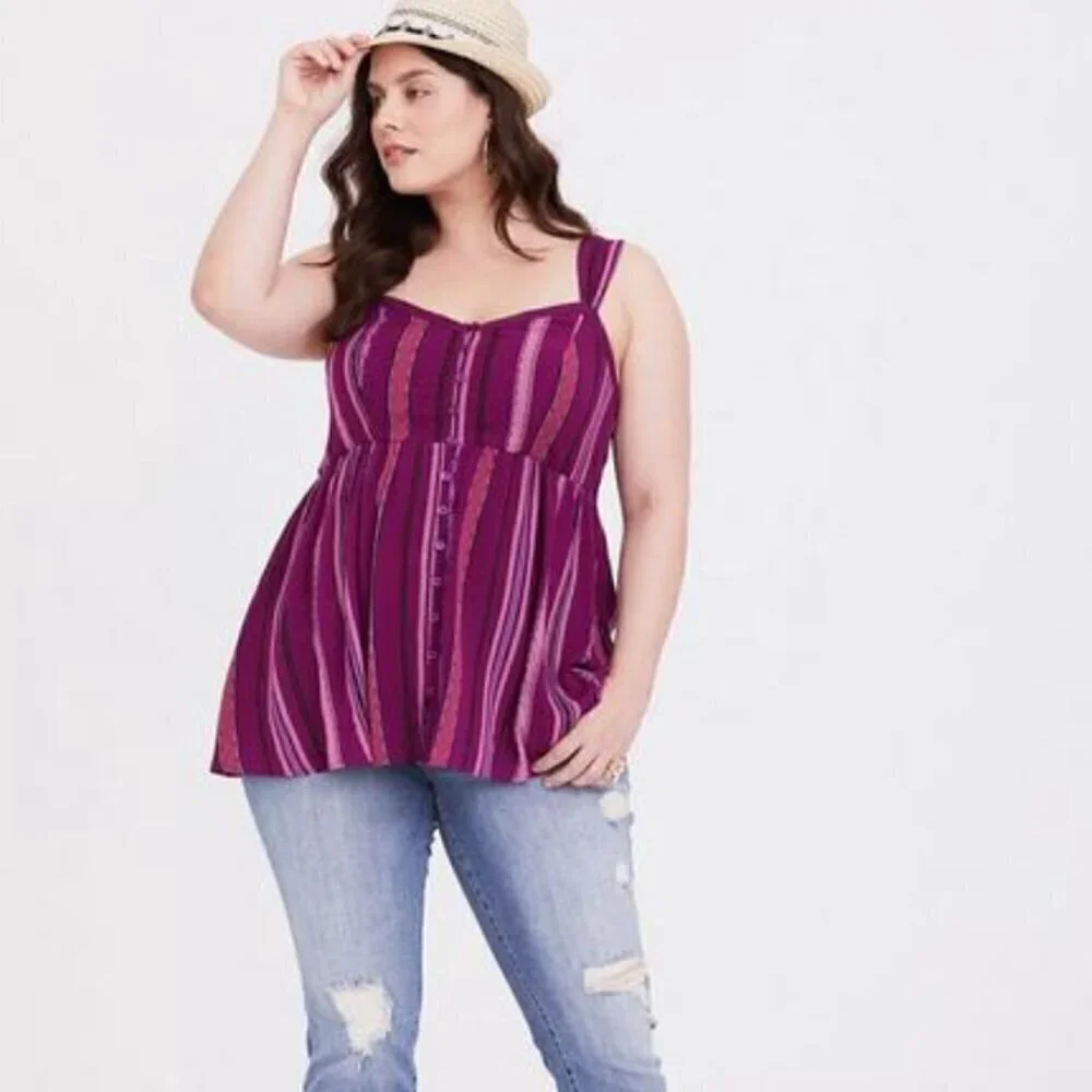 Torrid Babydoll Crepe smocked back textured v-neck striped Tank top size large - Picture 1 of 13